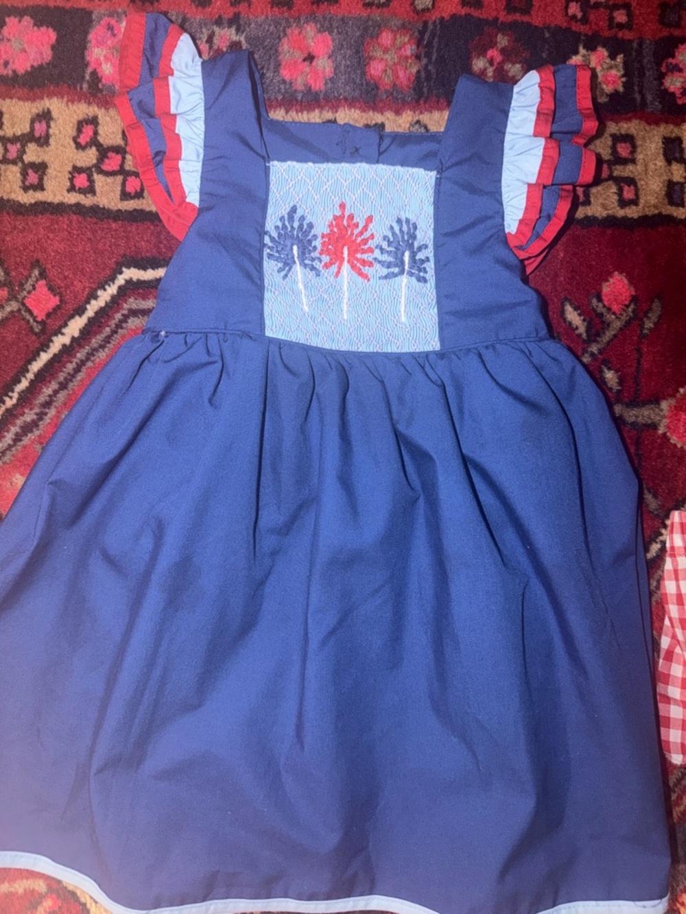 Classic Navy Smocked Girls' Dress with Red & Light Blue Accents